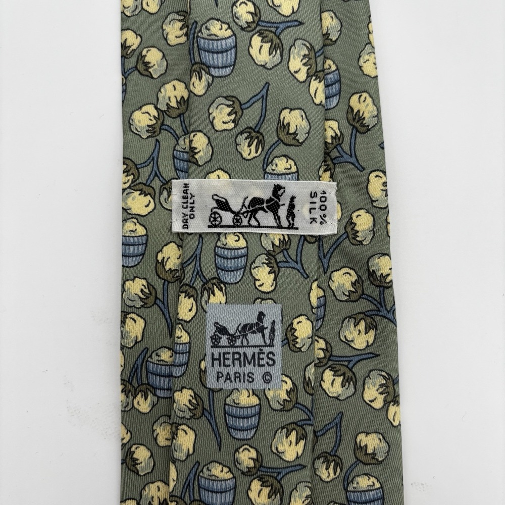 Hermes Men's Silk Tie Green Blue Botanical Pattern Luxury 3.5 Inches Read